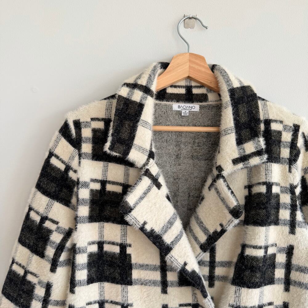 Baciano Plaid Pattern Double-Breasted Mid-Length Teddy Boucle Coat Black White M - Picture 3 of 9